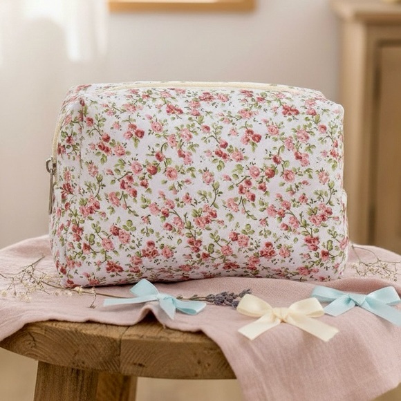 Quilted Floral Cosmetic Bag - Pink and Green - Picture 1 of 8